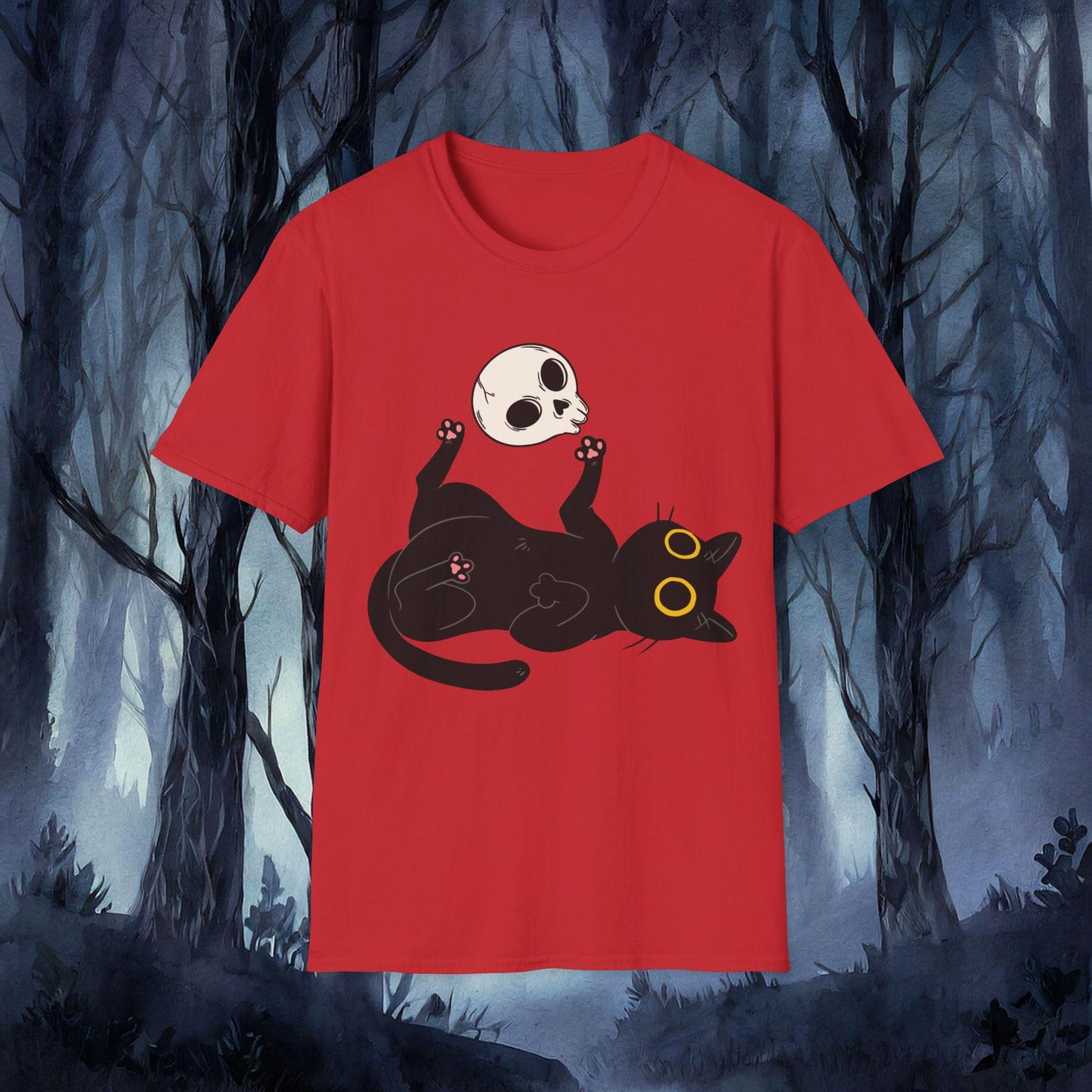 Red t-shirt with a black cat and skull design against a dark forest background