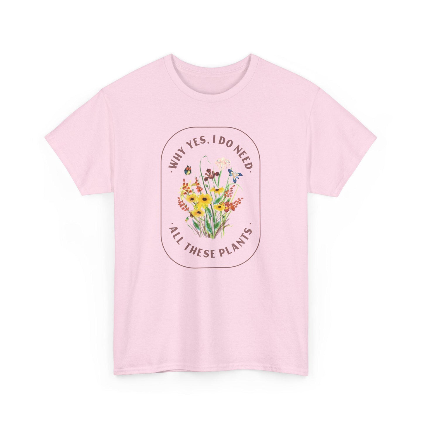 Pink t-shirt with floral design and text on a white background