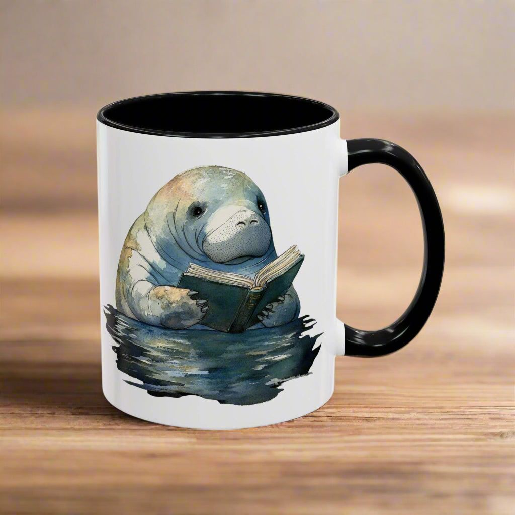 Mug with a manatee reading a book design on a white background