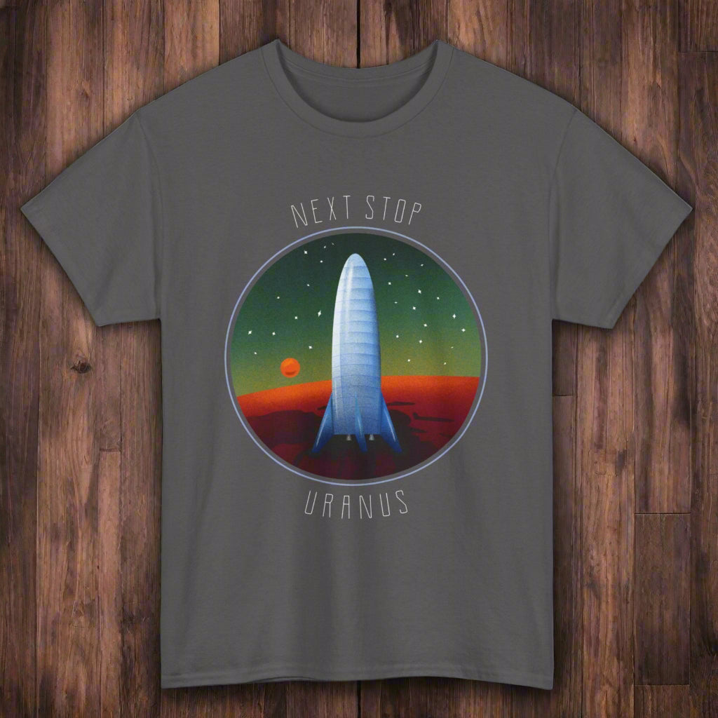 T-shirt with space-themed design featuring a rocket and 'Next Stop Uranus' text on a white background