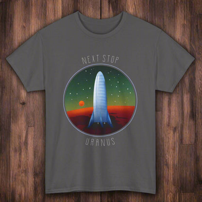 T-shirt with space-themed design featuring a rocket and 'Next Stop Uranus' text on a white background