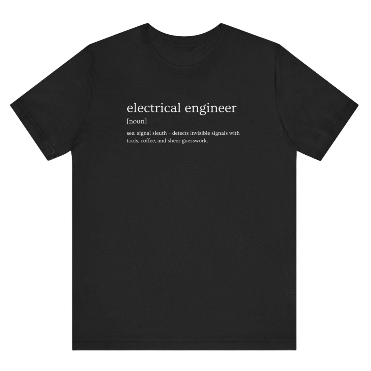 Black t-shirt with 'electrical engineer' text on a white background
