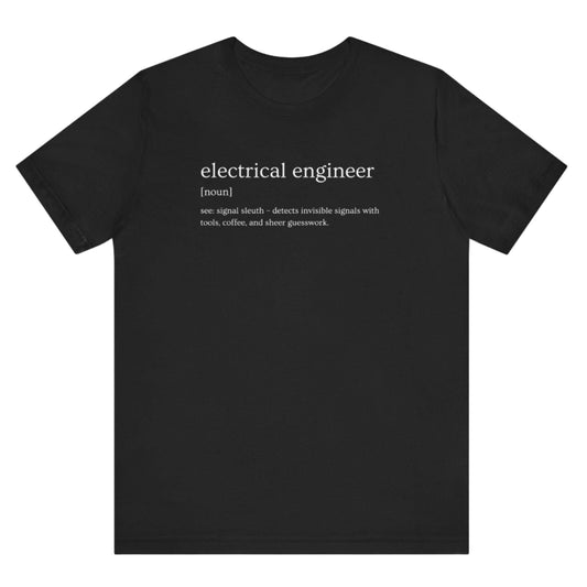 Black t-shirt with 'electrical engineer' text on a white background