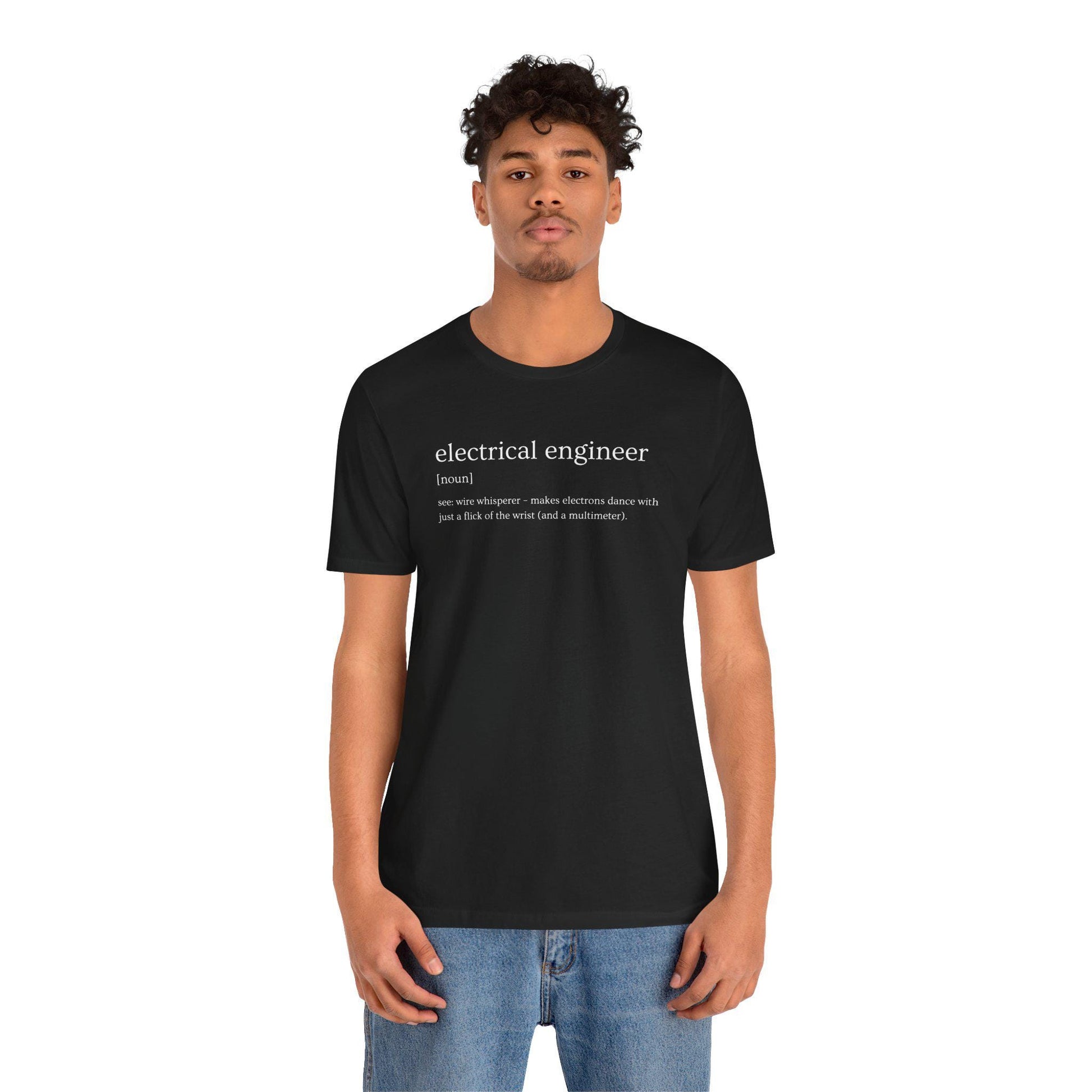 Person wearing a black t-shirt with 'electrical engineer' definition text on a white background