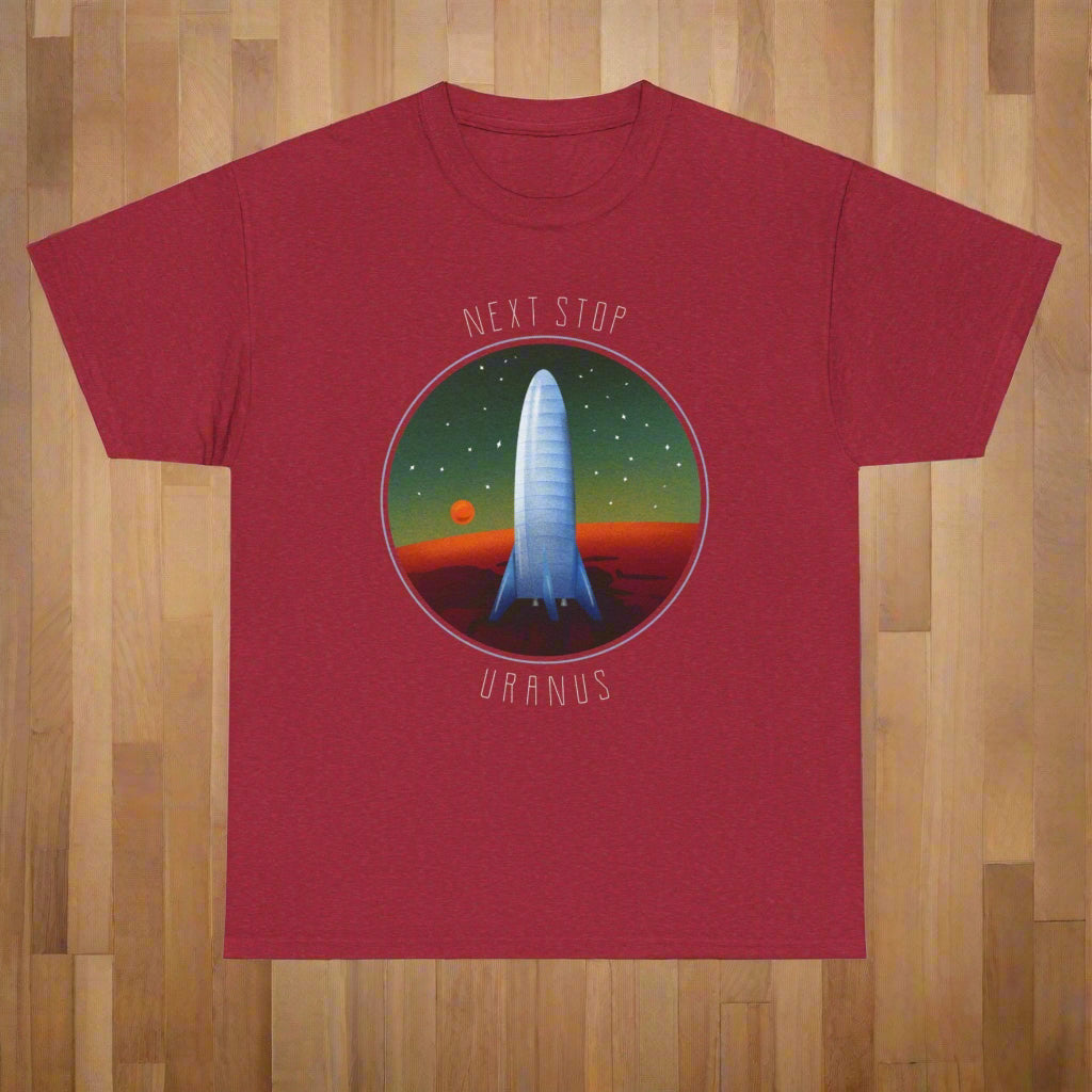 Red t-shirt with space-themed graphic and 'Next Stop Uranus' text on a white background