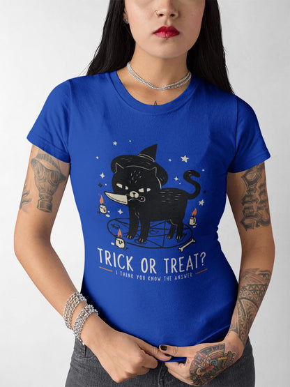 Funny Trick or Treat Black Cat Halloween T-shirt, Cute Animal shirt, Lazy Halloween Costume Idea for Cat Lovers, Spooky Sinister cat
