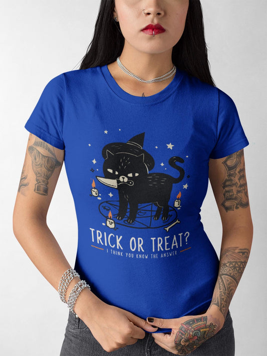 Funny Trick or Treat Black Cat Halloween T-shirt, Cute Animal shirt, Lazy Halloween Costume Idea for Cat Lovers, Spooky Sinister cat
