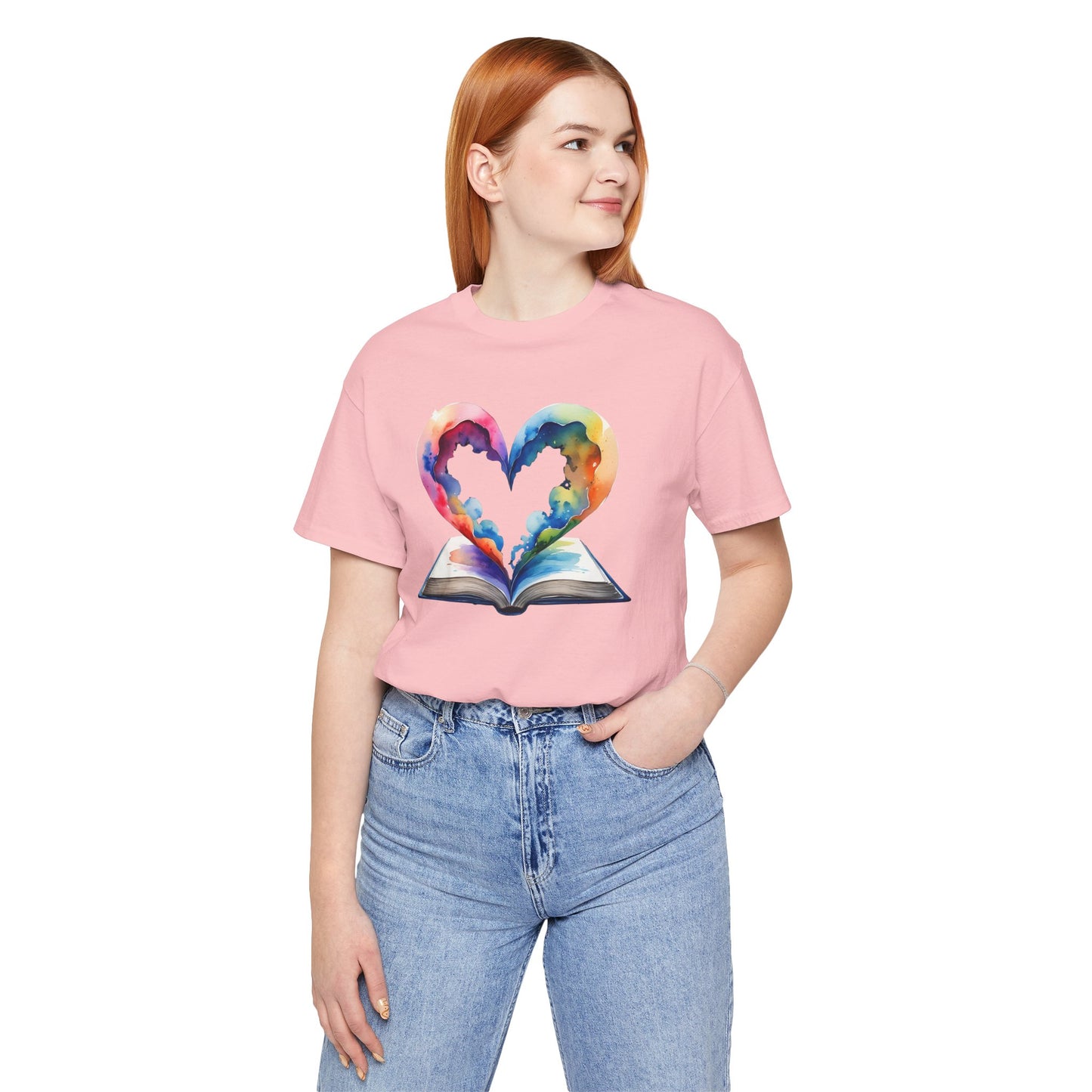Colorful Book-Love Tee in Heart Shaped Watercolors with Space Cloud Vibes