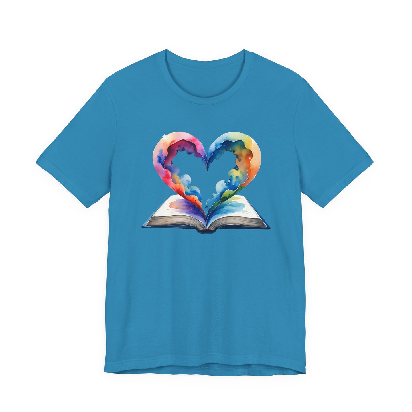 Colorful Book-Love Tee in Heart Shaped Watercolors with Space Cloud Vibes