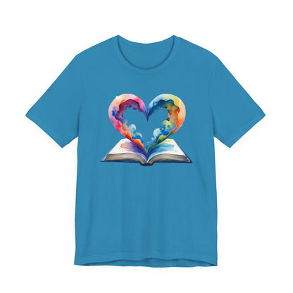 Colorful Book-Love Tee in Heart Shaped Watercolors with Space Cloud Vibes