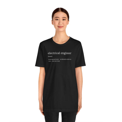 Person wearing a black t-shirt with 'electrical engineer' definition text on a white background