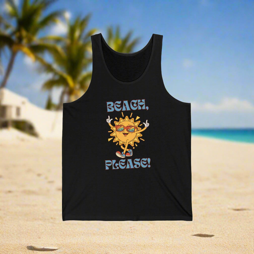 Black tank top with a sun graphic and 'Beach, Please!' text on a white background