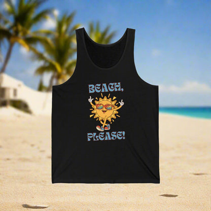 Black tank top with a sun graphic and 'Beach, Please!' text on a white background