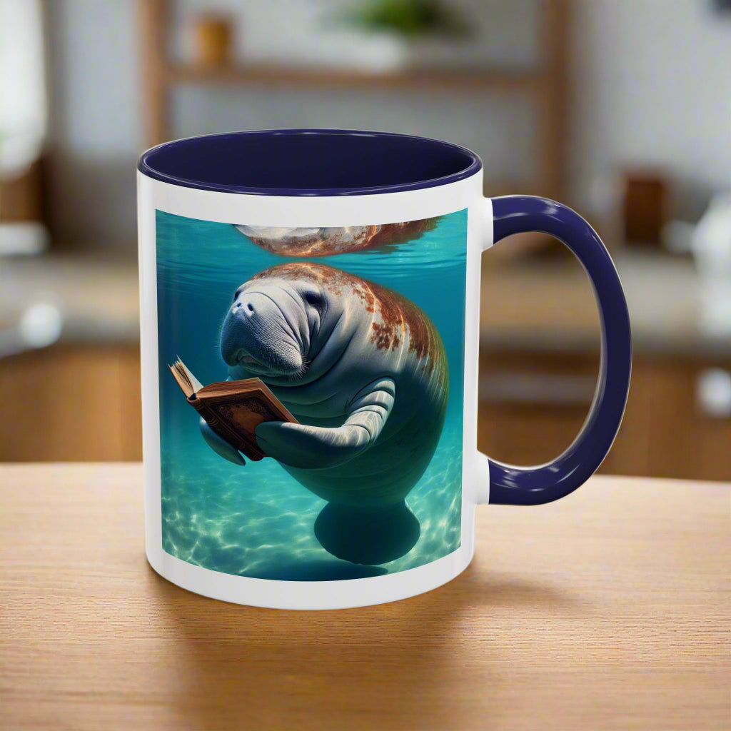 Mug with a manatee reading a book underwater design on a white background