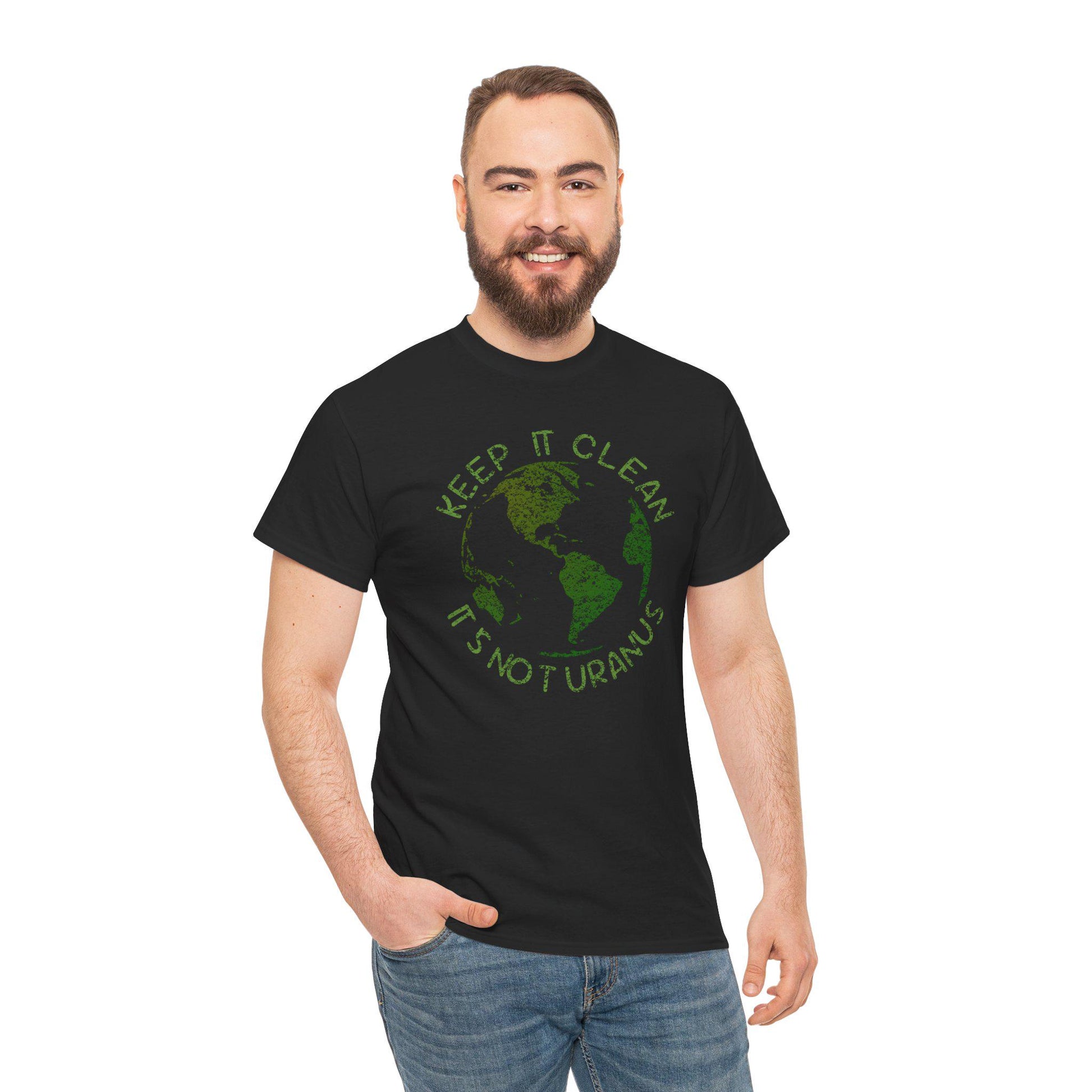 Man wearing a black t-shirt with a graphic design and text on a white background