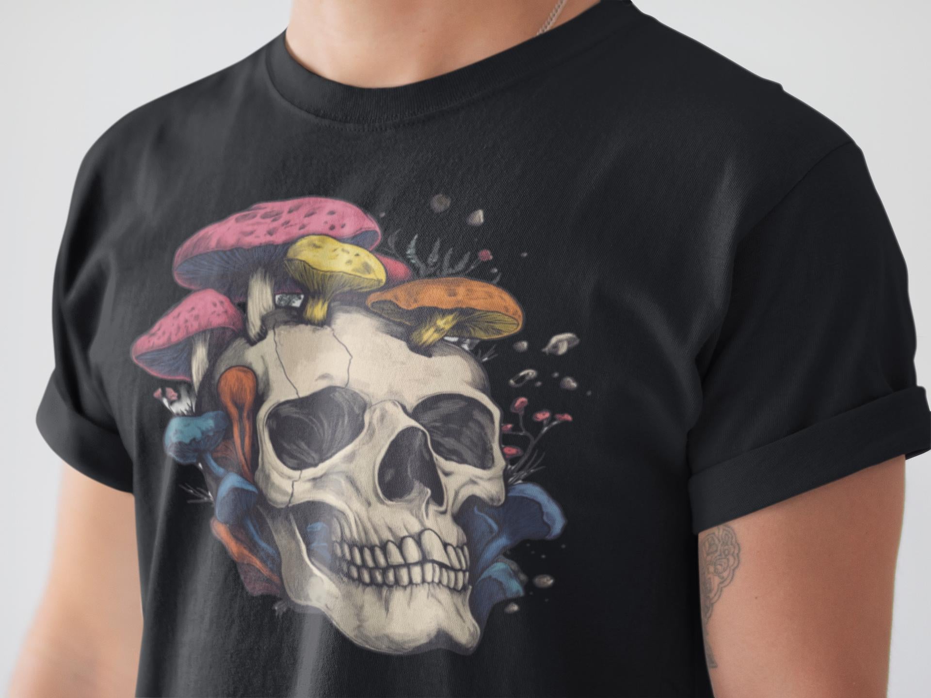 Black t-shirt with a skull and colorful mushrooms design on a plain background