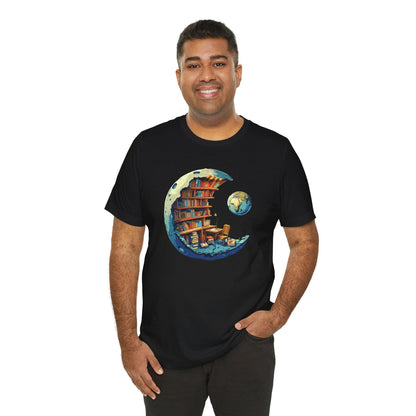 Man wearing a black t-shirt with a graphic design of a crescent moon with books and a globe.