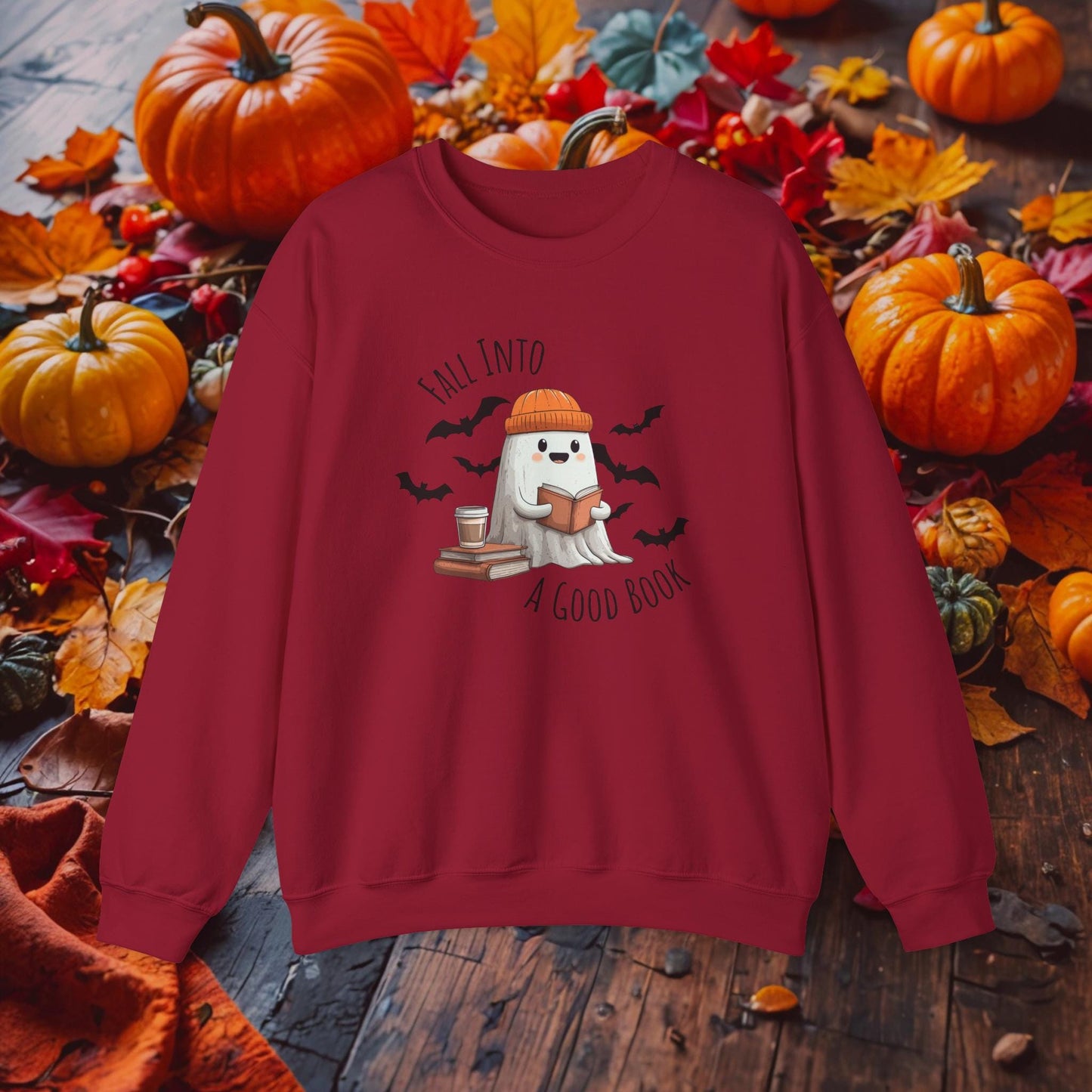 Fall Into A Good Book Halloween Ghost Reading Sweatshirt