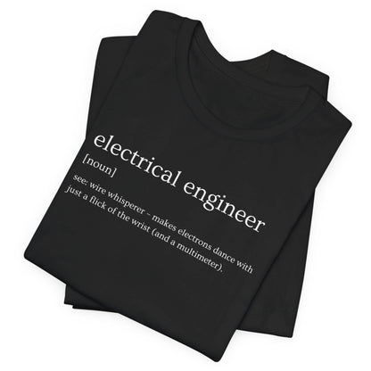 Black t-shirt with 'electrical engineer' definition text on a white background