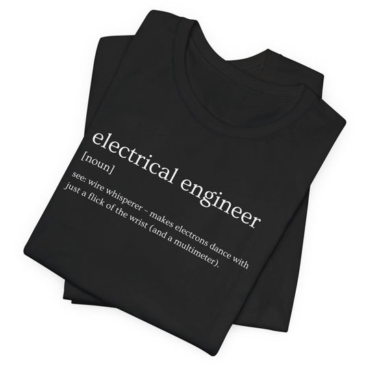 Black t-shirt with 'electrical engineer' definition text on a white background