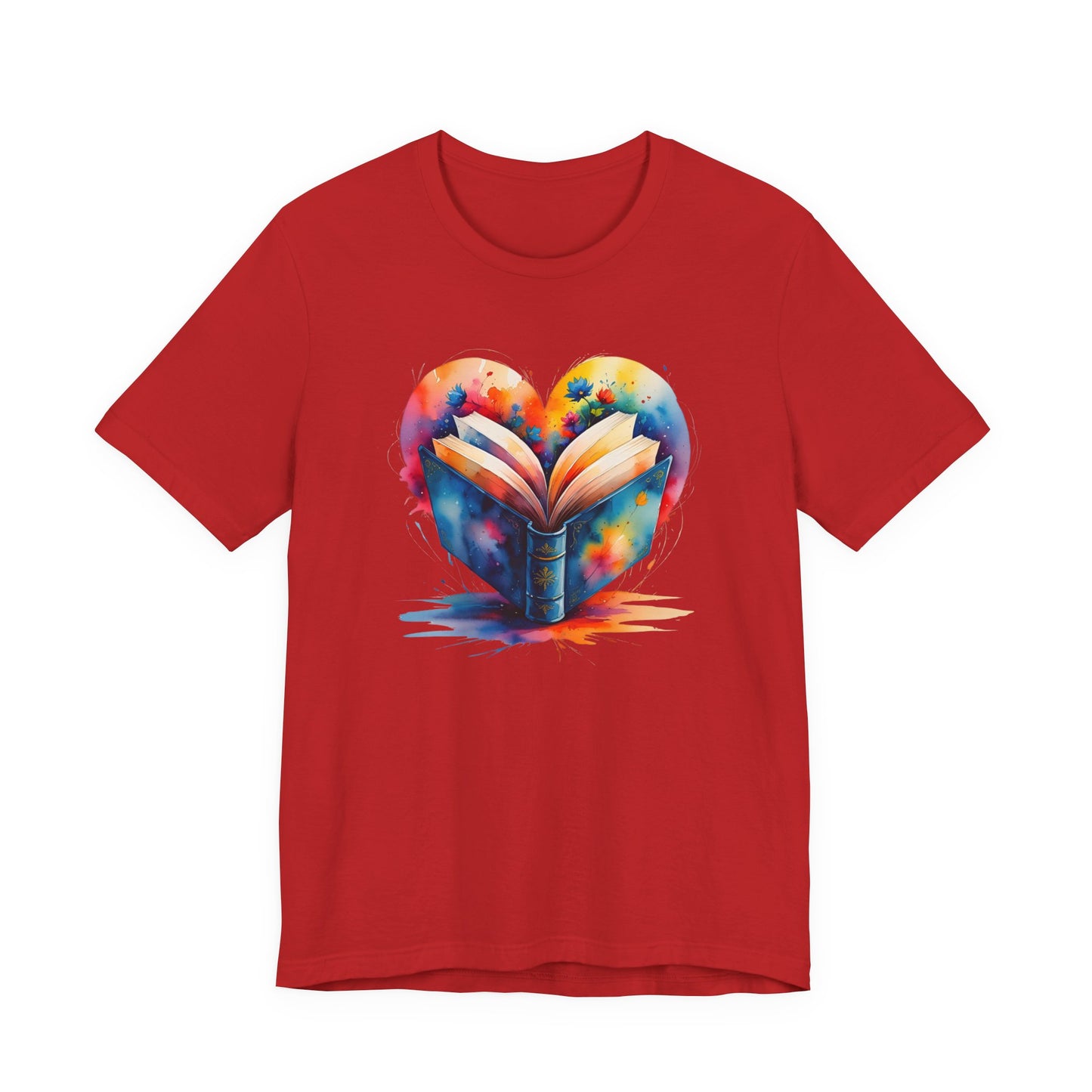 Book Lover Tee - Colorful Watercolor Open Book and Heart Unisex Jersey Short Sleeve Tee