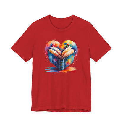 Book Lover Tee - Colorful Watercolor Open Book and Heart Unisex Jersey Short Sleeve Tee