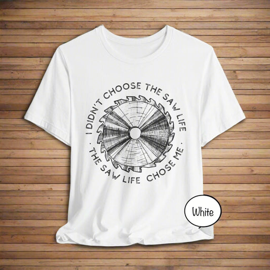 White t-shirt with black graphic design and text on a white background