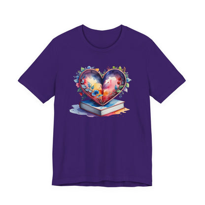 Colorful Floral Book-Love Tee With Watercolor Heart Design