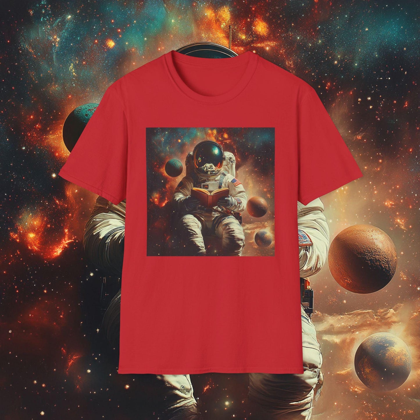 Red t-shirt with an astronaut design on a space-themed background
