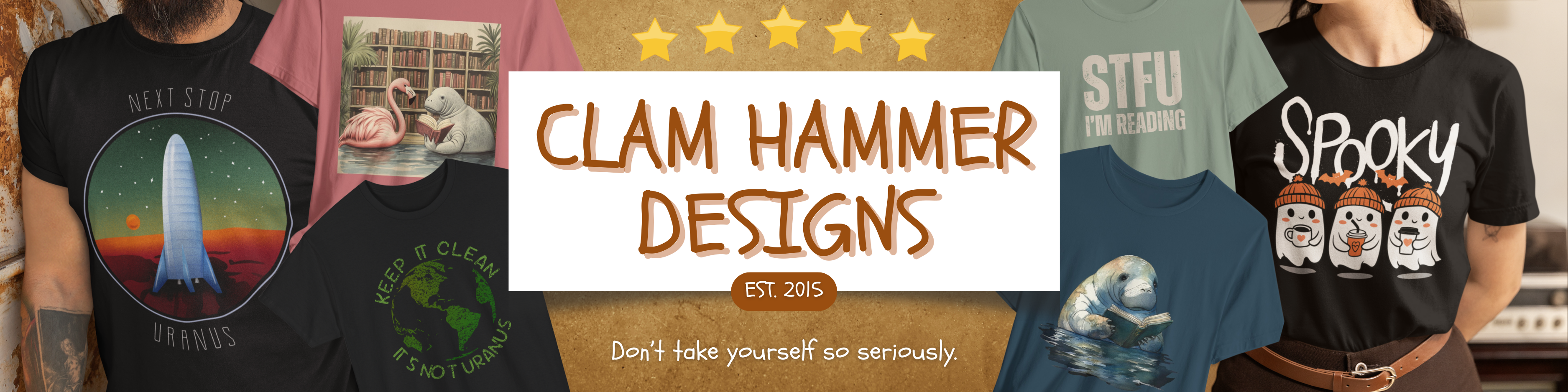 Collection of t-shirts with various designs and a banner for Clam Hammer Designs.