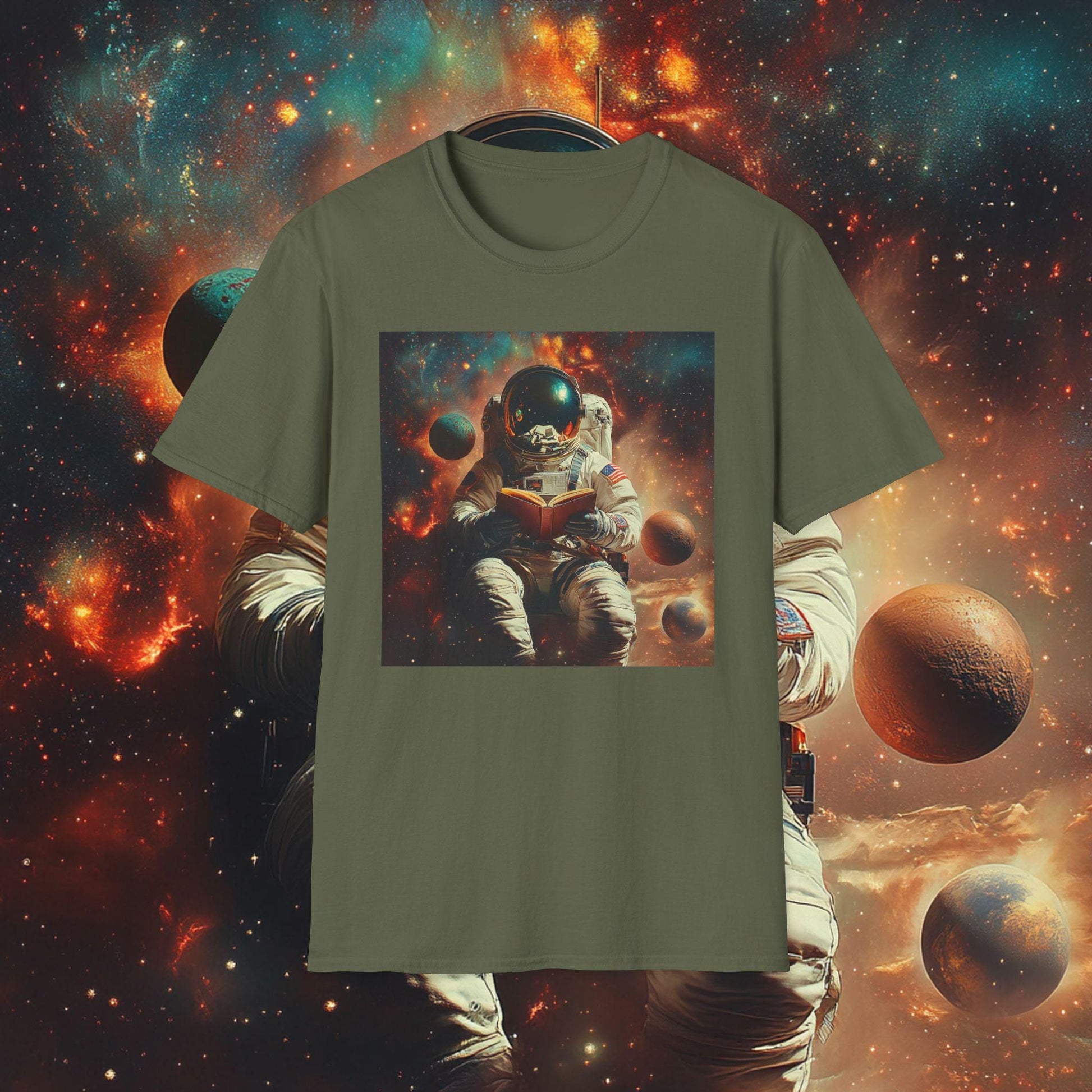 T-shirt with an astronaut reading a book in space design on a cosmic background