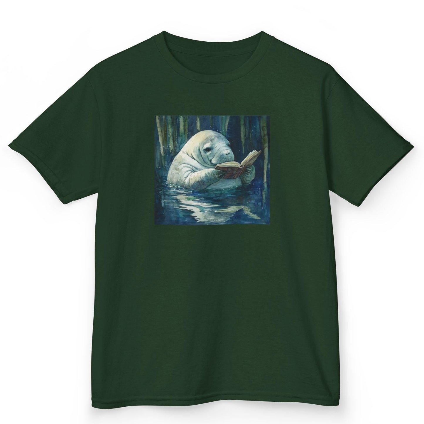 Green t-shirt with a manatee reading a book graphic on a white background