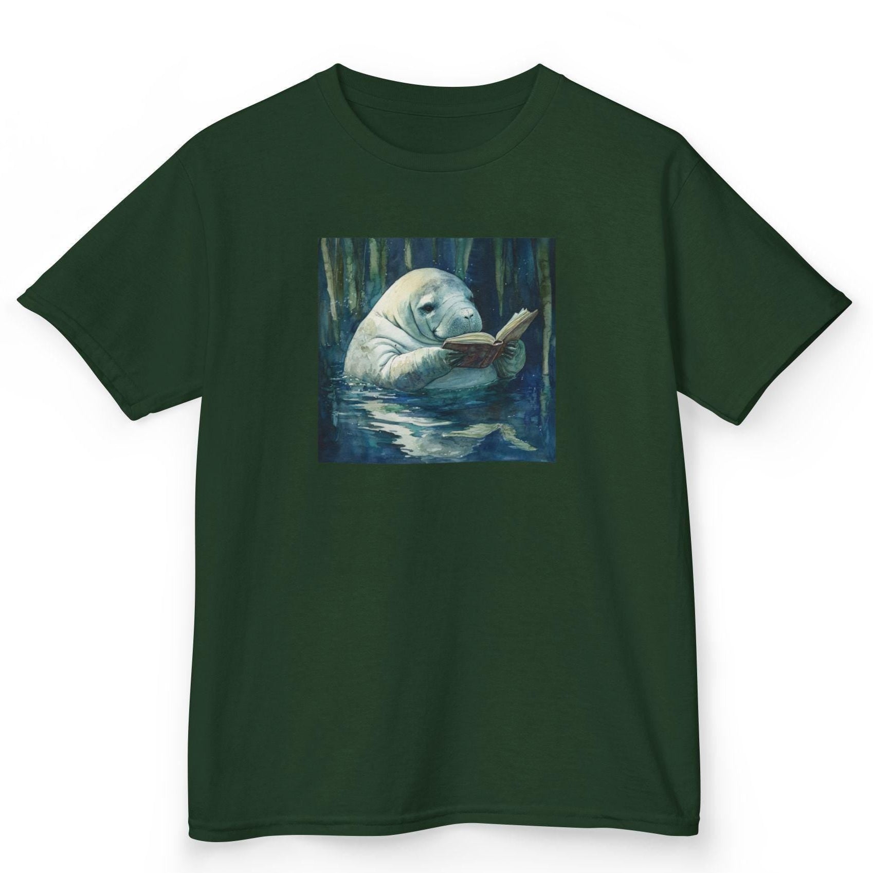 Green t-shirt with a manatee reading a book graphic on a white background