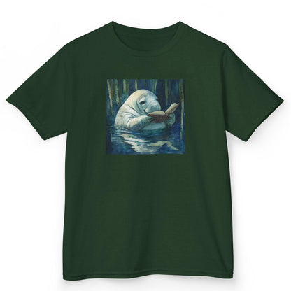 Green t-shirt with a manatee reading a book graphic on a white background