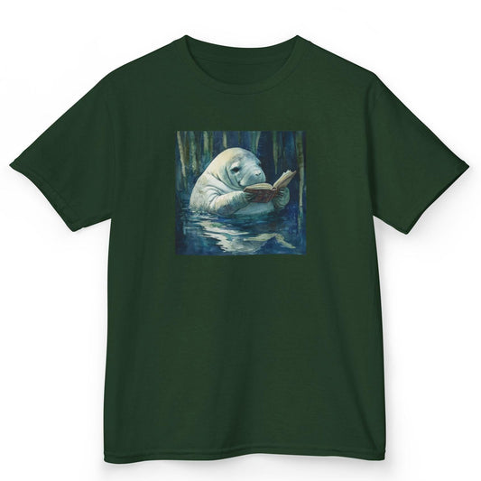 Green t-shirt with a manatee reading a book graphic on a white background