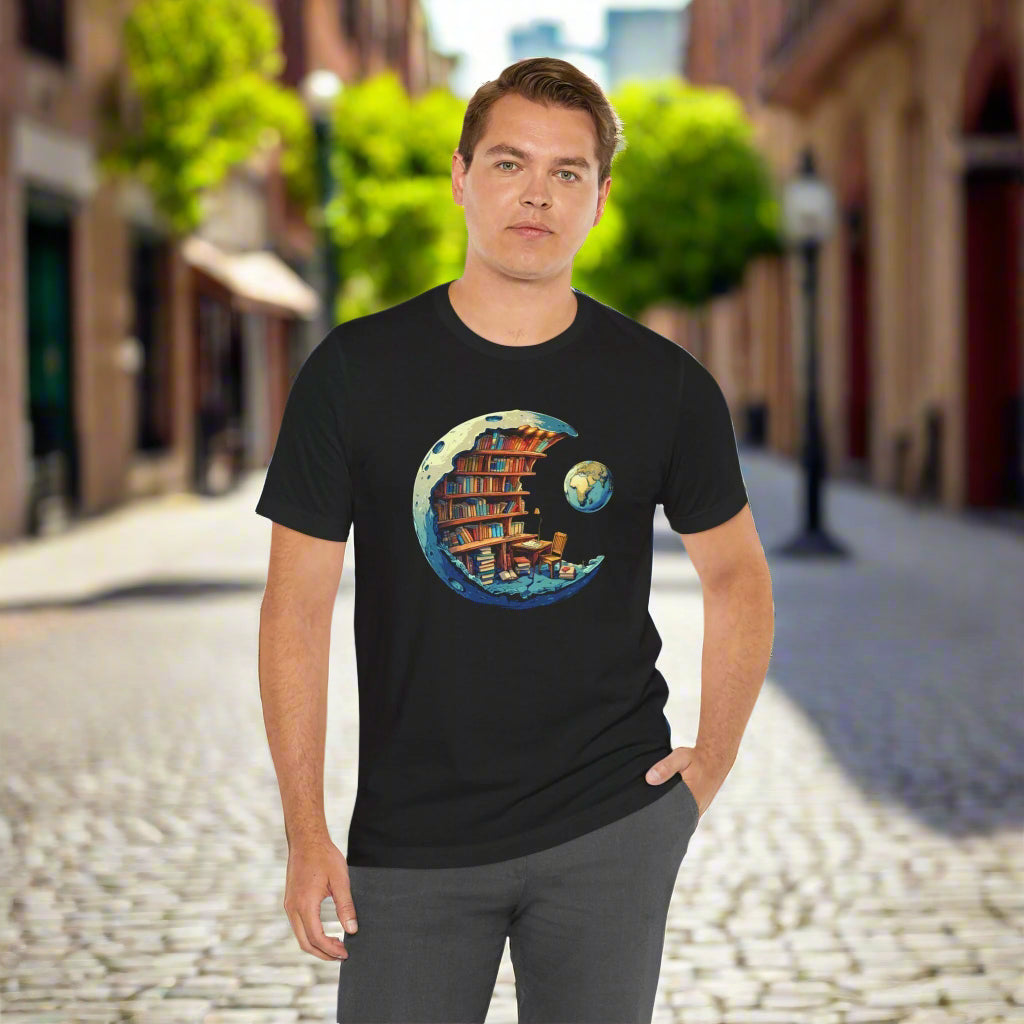 Man wearing a black t-shirt with a colorful graphic design on a white background