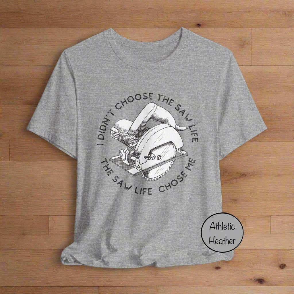 Gray t-shirt with a graphic and text on a white background