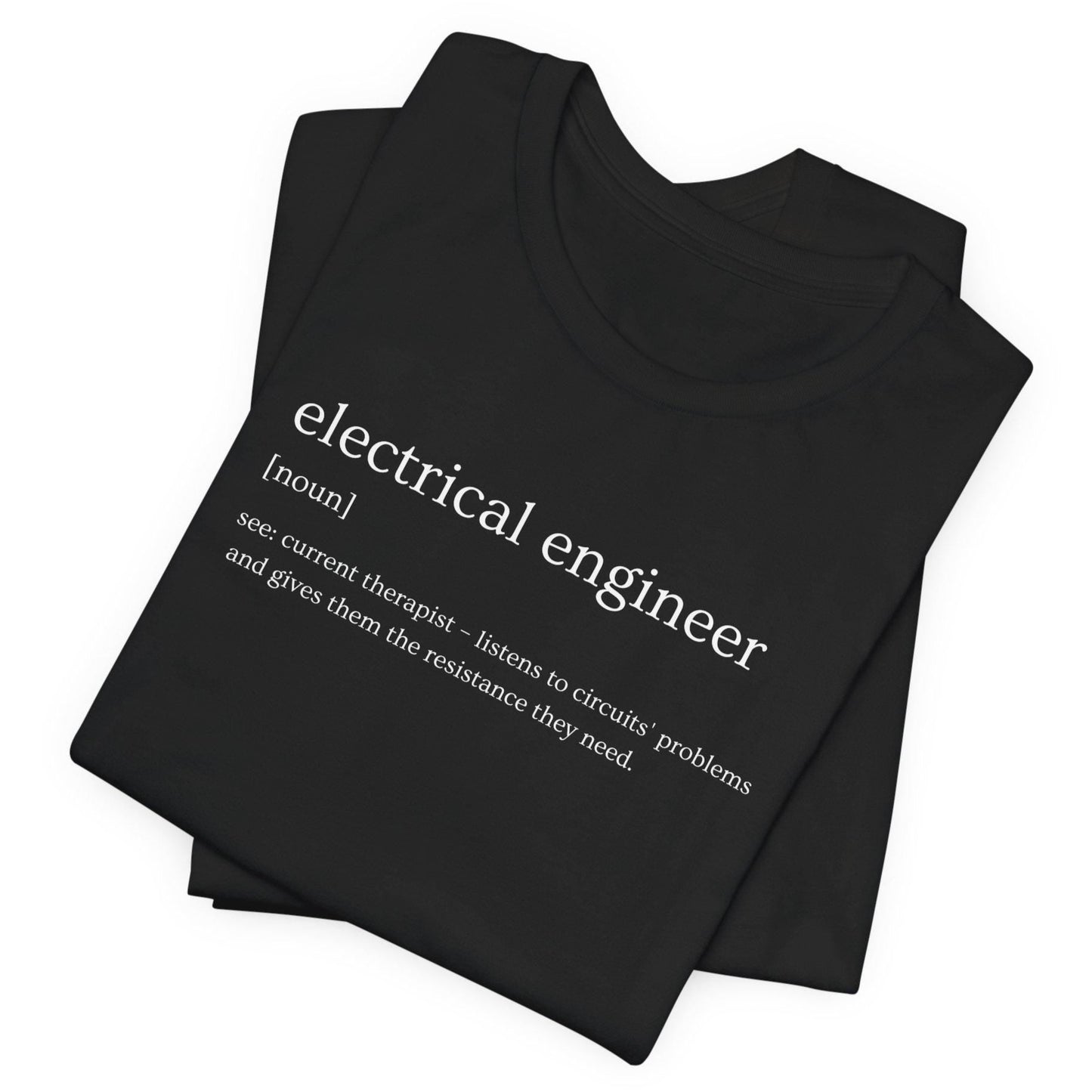 Black t-shirt with 'electrical engineer' definition text on a white background