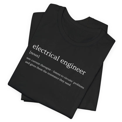 Black t-shirt with 'electrical engineer' definition text on a white background