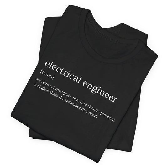 Black t-shirt with 'electrical engineer' definition text on a white background