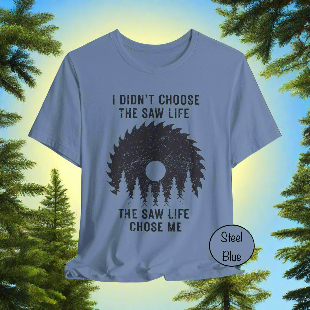 Steel blue t-shirt with graphic design and text on a light gray background