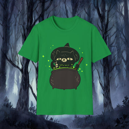 Green t-shirt with a black cat in a witch hat and cauldron design against a dark forest background.