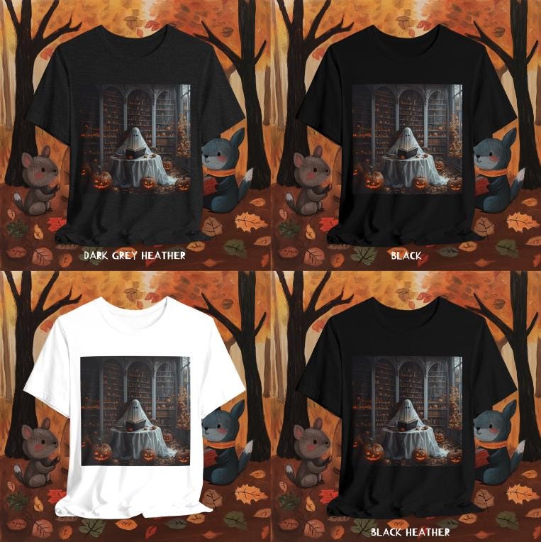 T-shirts with a Halloween-themed design featuring a ghost, pumpkins, and a cat in a forest setting.