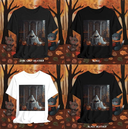 T-shirts with a Halloween-themed design featuring a ghost, pumpkins, and a cat in a forest setting.