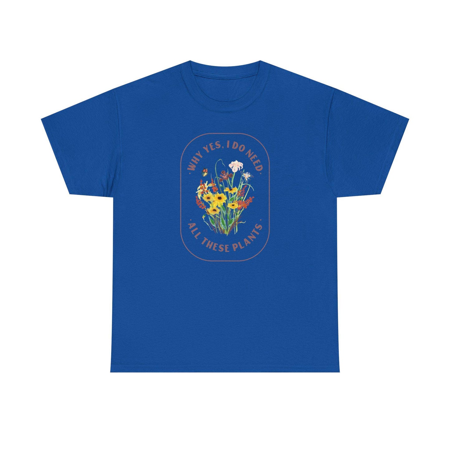 Blue t-shirt with floral design and text on a white background