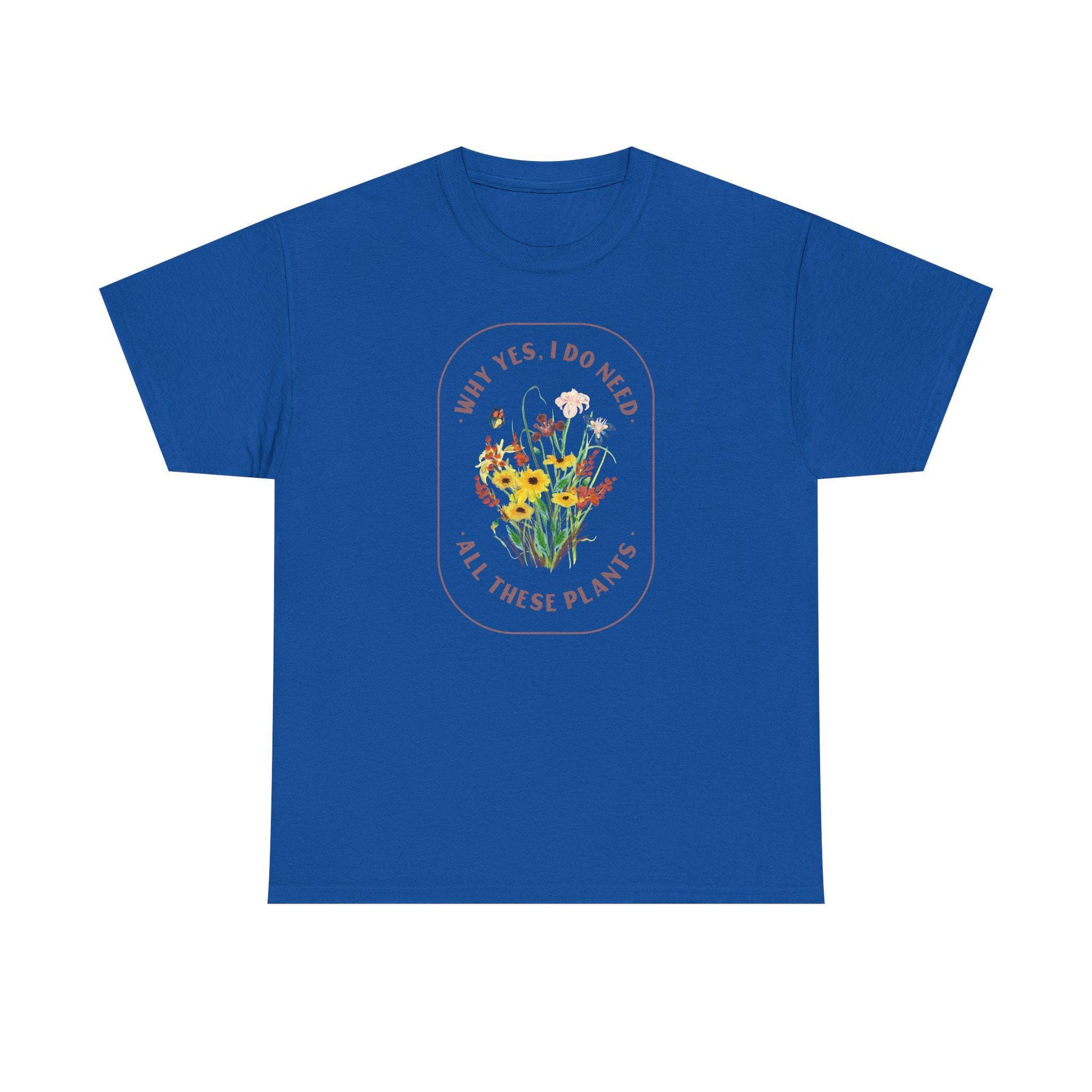 Blue t-shirt with floral design and text on a white background