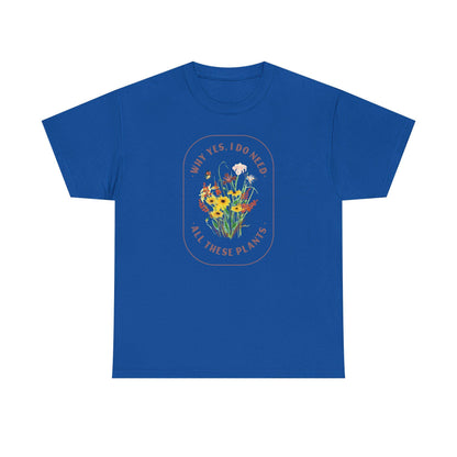 Blue t-shirt with floral design and text on a white background