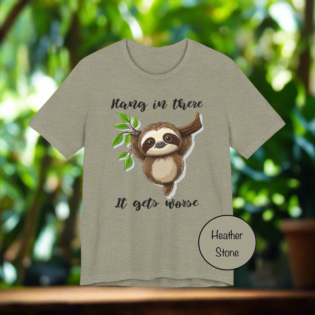 Heather stone t-shirt with a sloth graphic and text on a white background