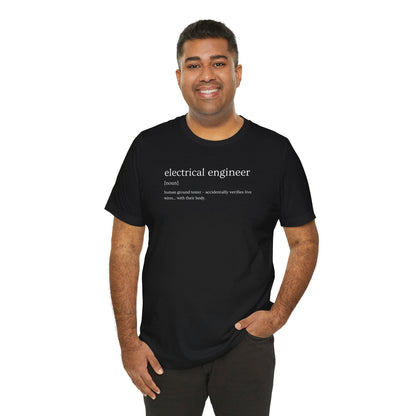 Man wearing a black t-shirt with 'electrical engineer' definition text on a white background