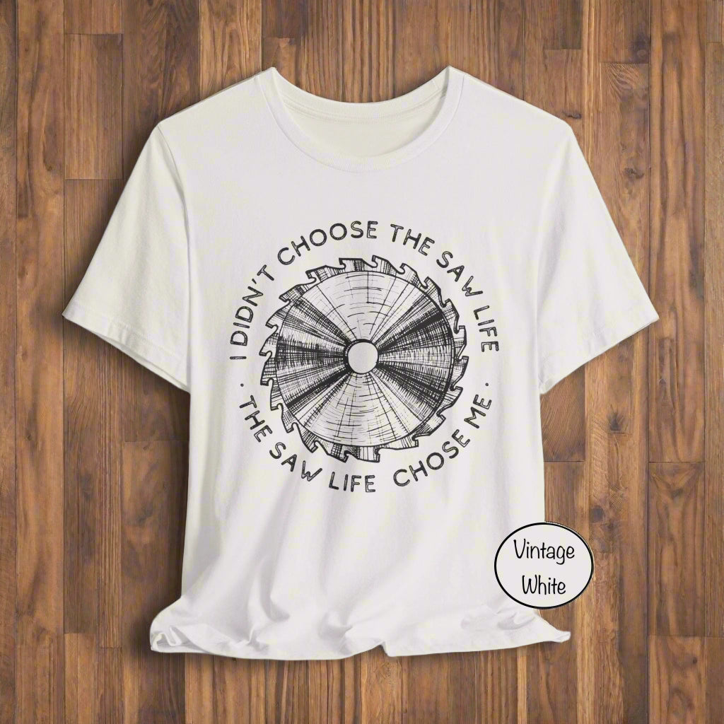 White t-shirt with black graphic design and text on a white background